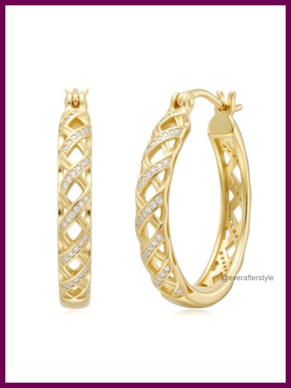 14K Gold Plated Criss Cross Hoop Earrings 25mm Lattice CZ Hinged Snap